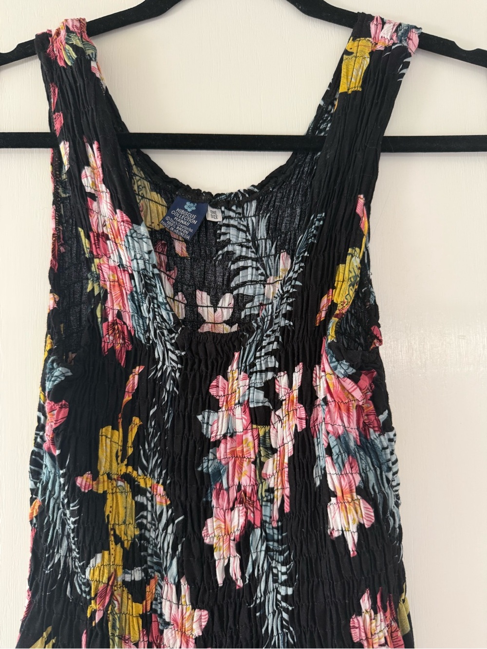 Black Floral Smocked Tank Top with Pink & Yellow Blooms